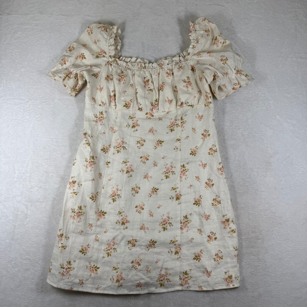 Reformation White Floral 100% Linen Milkmaid Puff Sleeve Mini Dress Womens 12